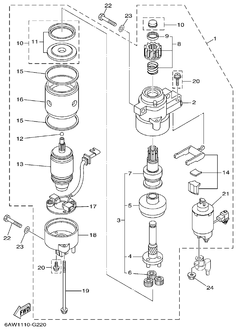 Yamaha F350AET, FL350AET STARTING MOTOR parts diagram